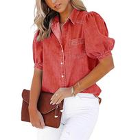 Women's Fashion Lapel Short,Sleeved Pocket Cardigan Colour Casual Shirt Top XXL raudona