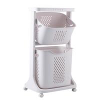 Multi-Tier Rolling Laundry Hamper Dirty Clothes Basket Cart with Removable Basket Top Shelf Wheeled Laundry Storage Cart for Bedroom Dual Layer