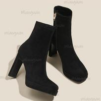 Chunky Heel Women's Black Short Boots Suede Leather Round Toe Dressy Booties Office Ladies Non-Slip Elegant Footwear Botas Mujer 34 juoda