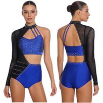 S-XXL Moteriškas gimnastikos triko Bodis Cirkonio detalės Spalvų blokavimas Asimetriškas Atviras Kombinezonas Figure Skating Tango Šokio apranga S karališkos mėlynos spalvos