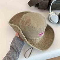 Retro UV Protection Bucket Hat Heart Wide Brim Sun Hat Cowboy Cap Women chaki