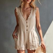 Womens Sleeveless Pocket Romper Vintage Style Deep V Neck Ruffle Trim One Piece Short Jumpsuit Casual Summer Outfit L smėlis