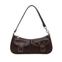 Fashion Double Pocket Shoulder Bag Solid Color PU Leather Top Handle Bag Zipper Glossy Underarm Bag Women kava