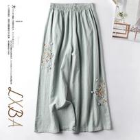 Women's Cotton-Linen Embroidered Wide-Leg Pants - Retro Ethnic Style, Slimming, Nine-Point Length for Spring and Summer 4XL