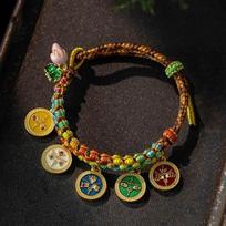 Handmade Tibetan bracelet, Colorful Handchain Cord, Adjustable Pull Bracelet, Five Way God of Wealth Bangle
