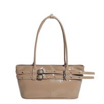 Glossy Faux Leather Tote Bag Women's Fashion Handbag with Double Buckle Strap and Structured Design chaki