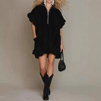 Windy Weather New Short Sleeve Double Pocket Dress with Zipper Ruffles A-Line Women's Clothing S juoda