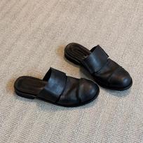Soft leather version! Black bag head half slippers women's retro soft leather lazy one-pedal muller shoes low-heeled Roman shoes 35 juoda