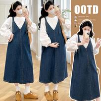 Spring Maternity Denim Overalls Dress & Versatile Top Set M
