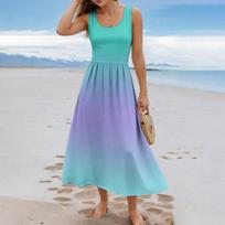 Sleeveless Gradient Tank Maxi Dress for Women Casual Scoop Neck Elastic Waist Long Sundress Flowy A Line Beachwear XXXL mėlyna