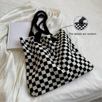 Checkered Knitted Shoulder Bag Trendy Plaid Pattern Tote Bag Large Capacity Handbag For School Work Travel Shopping Black And White
