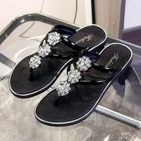 Elegantiškos sandalijos su cirkonio gėlėmis moterims - Patogūs plokščiapadžiai paplūdimio šlepetės, Kasdienės visasezoninės PVC šlepetės 41 juoda