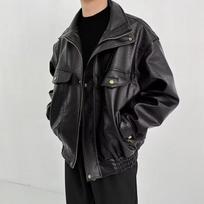 Vyriška graži PU odinė motociklininko striukė - Amerikietiško retro stiliaus kasdienė laisvo kirpimo parka. Medium juoda