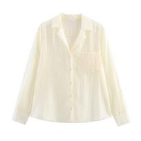 Fashion Ladies Lapel Long Sleeve Embroidered Pocket Decoration Shirt Tops For Women L smėlis