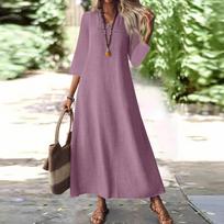 Women's Fashion V-Neck Seven Sleeve Pocket Color Zipper Casual Vacation Long Cotton Linen Dresses M violetinė