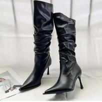 Sharp pointed pleated high tube long boots for women in autumn 2025 high heels not exceeding knee length long tube boots 35 juoda
