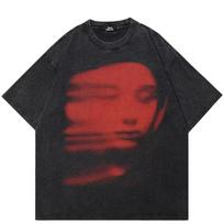 Men Washed Black T-Shirt Harajuku Streetwear Red Face Graphic T Shirt Cotton Vintage Tshirt Hipster Tops Tee Unisex S