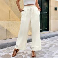 Women's Lace Trim Drawstring High-Waisted Wide Leg Pants S balta