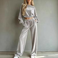 Women's Velvet Cropped Sweatshirt and Wide Leg Pants Set Casual Wear M