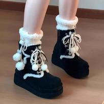 Cute Plush Ball Decoration Side Zip Snow Boots Women 2025 Winter Round Toe Thick Bottom Ankle Boots Fashion Faux Fur Booties 34 juoda