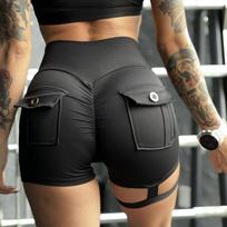 Fashion Cargo Pocket Shorts Leg Ring High Waist Sexy Summer Workout Pants Sports Yoga Running Hip Raise Peach Hip Black M
