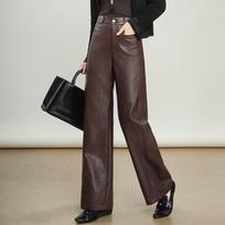 2025 Women's Autumn/Winter Loose Wide-Leg Lambskin Leather Pants - Slimming Versatile Casual Wear 3XL/31