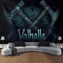 2D Norse Mythology Valhalla Tapestry, Teal Viking Axe Wall Decor for Living Room 47.2x31.5inch/120*80cm