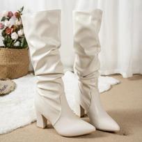 Retro Solid Brown Pu Knee-High Boots Women 2025 Winter Pointed Toe High Heel Western Cowboy Boots Slip On Long Booties Plus Size 35 balta