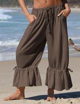 Women's High Waist Drawstring Wide Leg Pants with Ruffle Hem Multi Color Casual Beach Pants S tamsiai ruda spalva