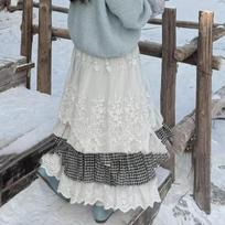 Women Sweet Vintage Mori Girl Style High Waist Splicing Plaid Long Skirt Winter Korean Fashion Beige Lace Kawaii Maxi Skirts XS smėlis