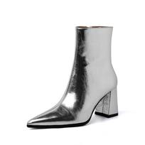 Women's Fashion Chunky Single Boots Fall New Pointy Bright Side Zipper Comfortable High Heel Ankle Boots 34 sidabras