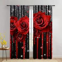 Black Curtains Vibrant Red Roses Shiny Star Prints Bedroom Living Room Home Decoration Curtain Made Of Polyester Washable Sitting Ready W100*H70(CM)-Rod Pocket&2PCS