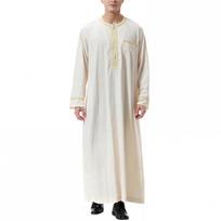 Men's Muslim Shirt Print Kaftan Islamic Royalty Dubai Robe O-Neck Long Sleeve Retro Tunics Abaya Loose Kandoura L smėlis