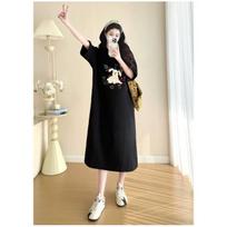 Laid-back T-shirt Long Dress for Women In Summer, Korean Style Loose and Slimming Short-sleeved Loose Casual Cartoon Printed Dress M juoda