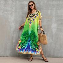 Indigo Floral Beach Robe: Loose Seaside Holiday Sunscreen Dress & Bikini Cover-up One Size beige