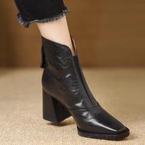 Retro Back Zip High Heel Boots Women'S Autumn And Winter New Square Toe 100 Non-Slip Wear Block Heel Short Boots 35