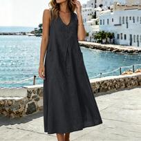 Sleeveless V Neck Midi Dress with Pockets Loose Fit Casual A Line Dress for Women Lightweight Summer Sundress M juoda