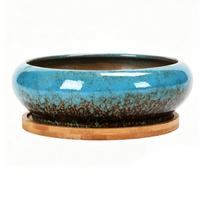 Ceramic Succulents Planter Pot Round Shallow Bowl Hole for Desktop Cactuses and Small Plant Decorative Container mėlyna