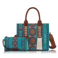 Bohemian Ethnic Tassel Mother-Child Canvas Tote Bag - Large Capacity Messenger Bag 27 x 11.5 x 22 cm turkis