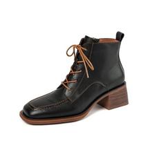 2024 Women Ankle Boots Handmade Luxury Genuine Leather Medium Heels Laces Black Short Boot Elegant Female Booties Designer Shoes 34 juoda