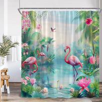 Flamingo Shower Curtain Set Pink Bird Tropical Leaf Rainforest Jungle Bathroom Decor Spring Summer Bath Mat Toilet Lid Cover 90x180cm-35x70in
