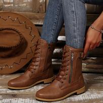 Fashion Women Mid-Calf Boots New Plus Size Retro Women Western Boots Punk Lace Up Zipper Mid Calf Boots Ladies Outdoor Comfortable Shoes 36 ruda