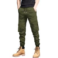 Men's Multi-Pocket Slim Fit Cargo Pants, Tapered Casual Trousers L armijos žalia spalva