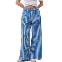 Women Pants Drawstring Elastic Waist Loose Wide Leg Contrast Color Stripe Printing Low Waist S mėlyna