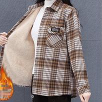 Fleece-Lined Plaid Mid-Length Wool Shirt for Women - Plus Size, Long-Sleeve Casual Outerwear 5XL [150-165 kg]