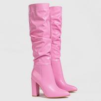 Pointed Toe Thick Heel Women Boots Pleated Side Zipper High Heel Long Boots Knee High Boots for Office Nightclub Evening Party 35 rožinė
