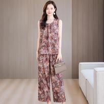 Sleeveless Wide-Leg Pants Suit for Middle-Aged Women - Summer Cotton Silk, Loose Fit, Plus Size Casual Homewear 5XL