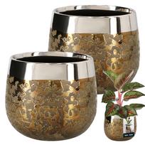 Round Gold Flowerpot Mirror Effect 12.5cm Ceramic Cover Flowers 2pcs