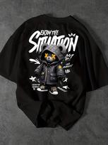 European and American men's summer cool teddy bear letter print micro elastic breathable round neck T-shirt outdoor street top XS black