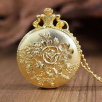 Gold Flower Quartz Pocket Watch Double-sided Printing Design Pendant Fob Watch Chain Gifts for Men